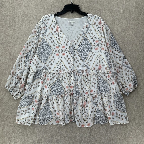 Charming Charlie Tops - EST 1946 Top 22/24W White Floral Peplum Peasant Cottagecore Boho Tiered Chiffon